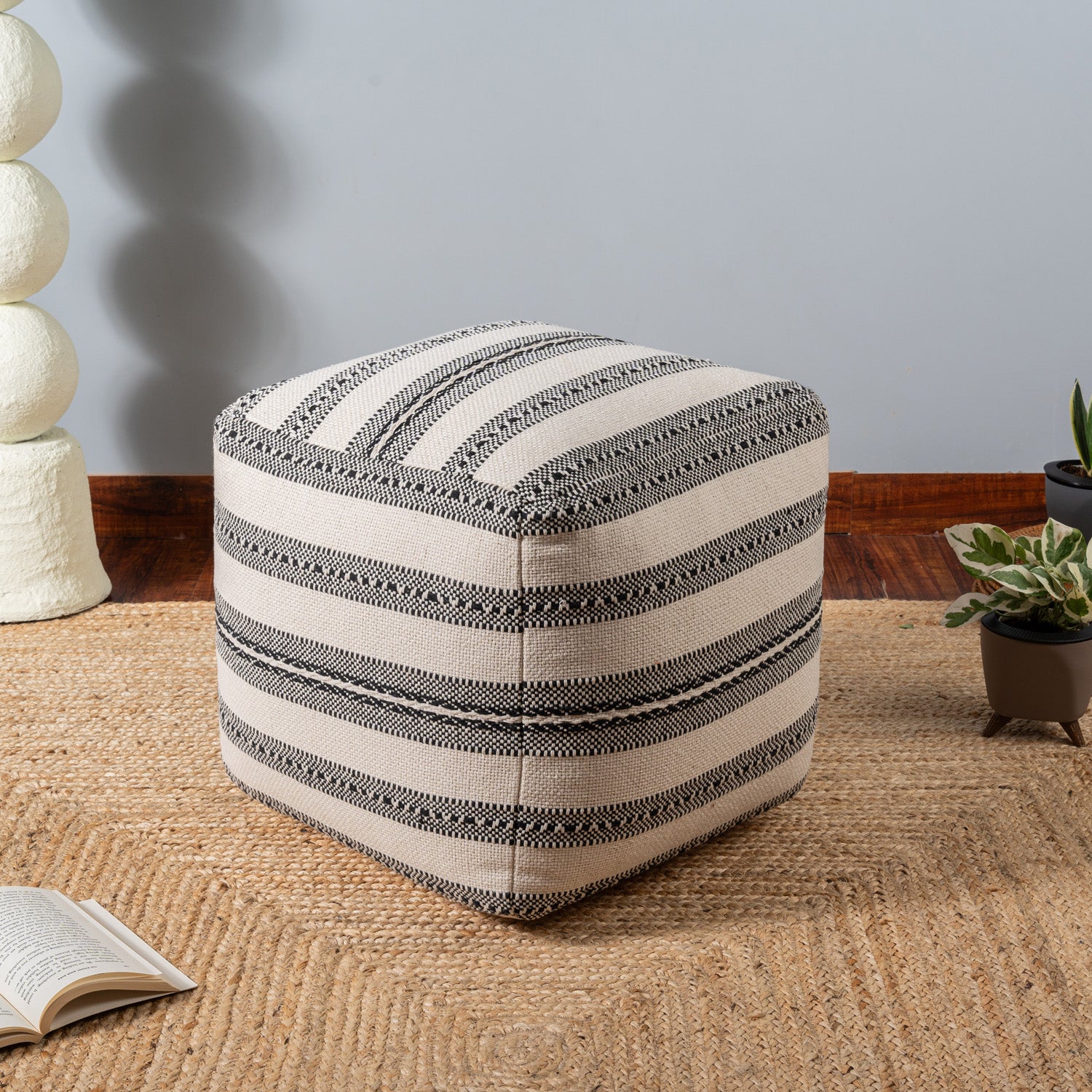 Natural Stripe Woven Pouf