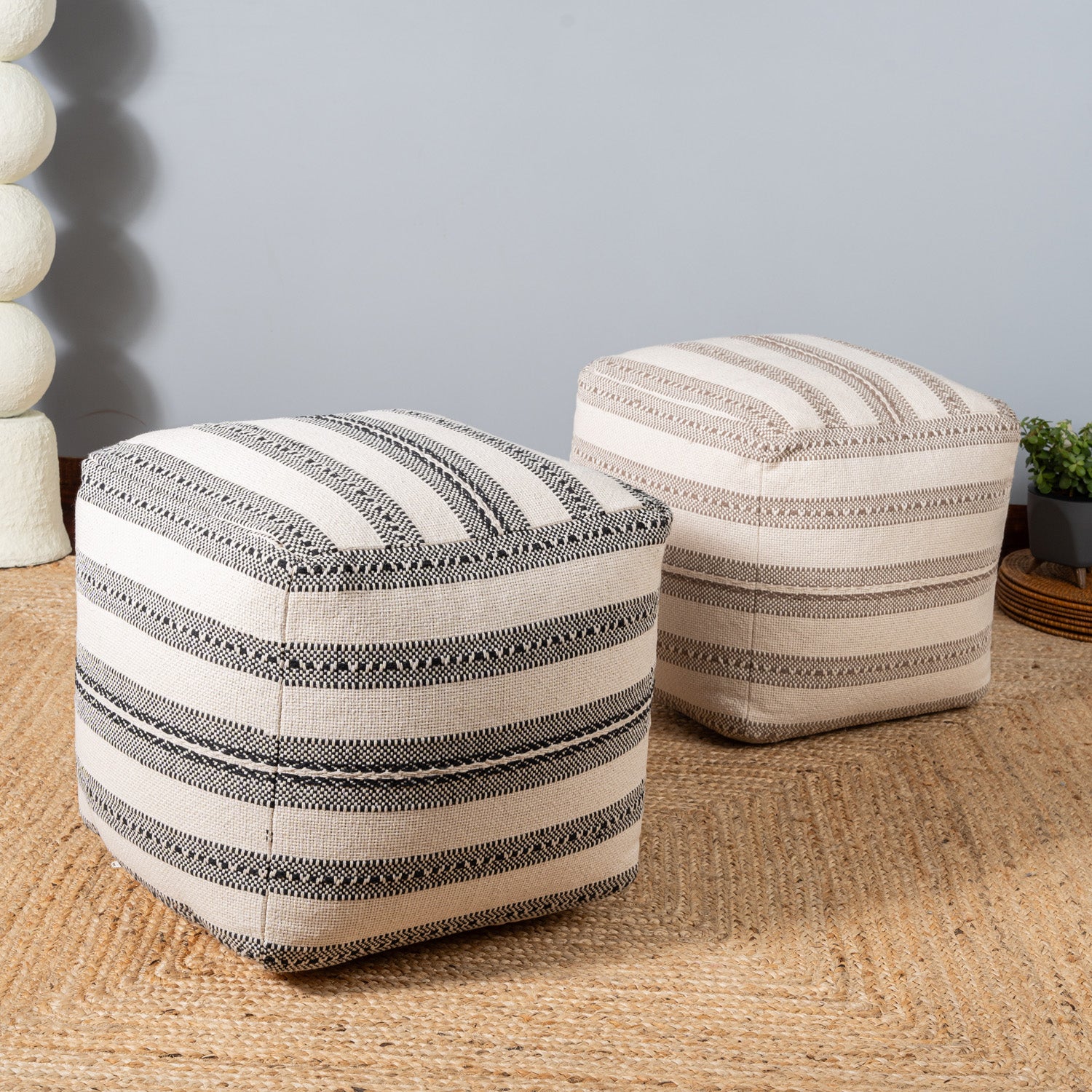 Natural Stripe Woven Pouf