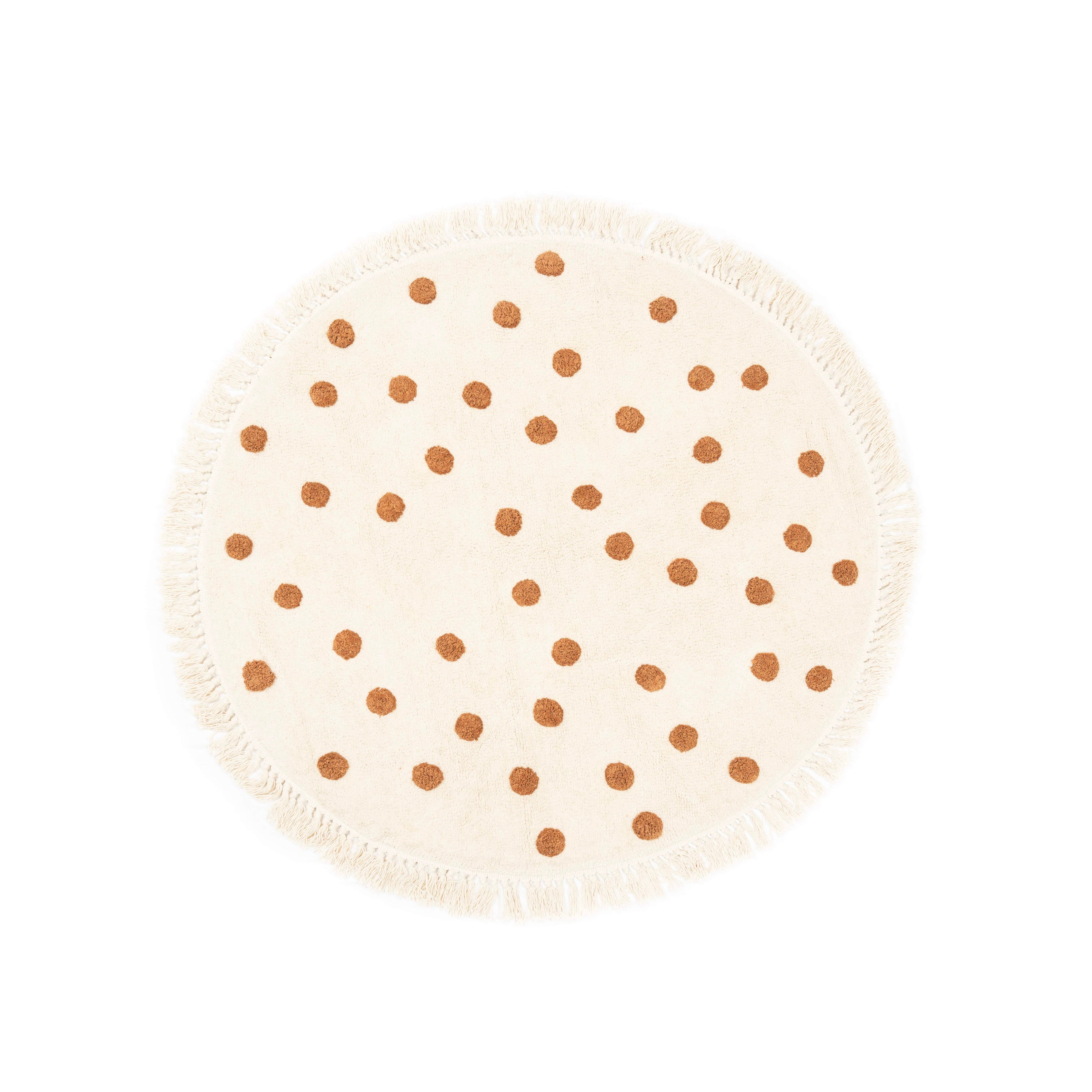 Isolated image of the natural and brown handmade cotton polka dot rug with fringes on a white background, perfect for showcasing details and color accuracy.